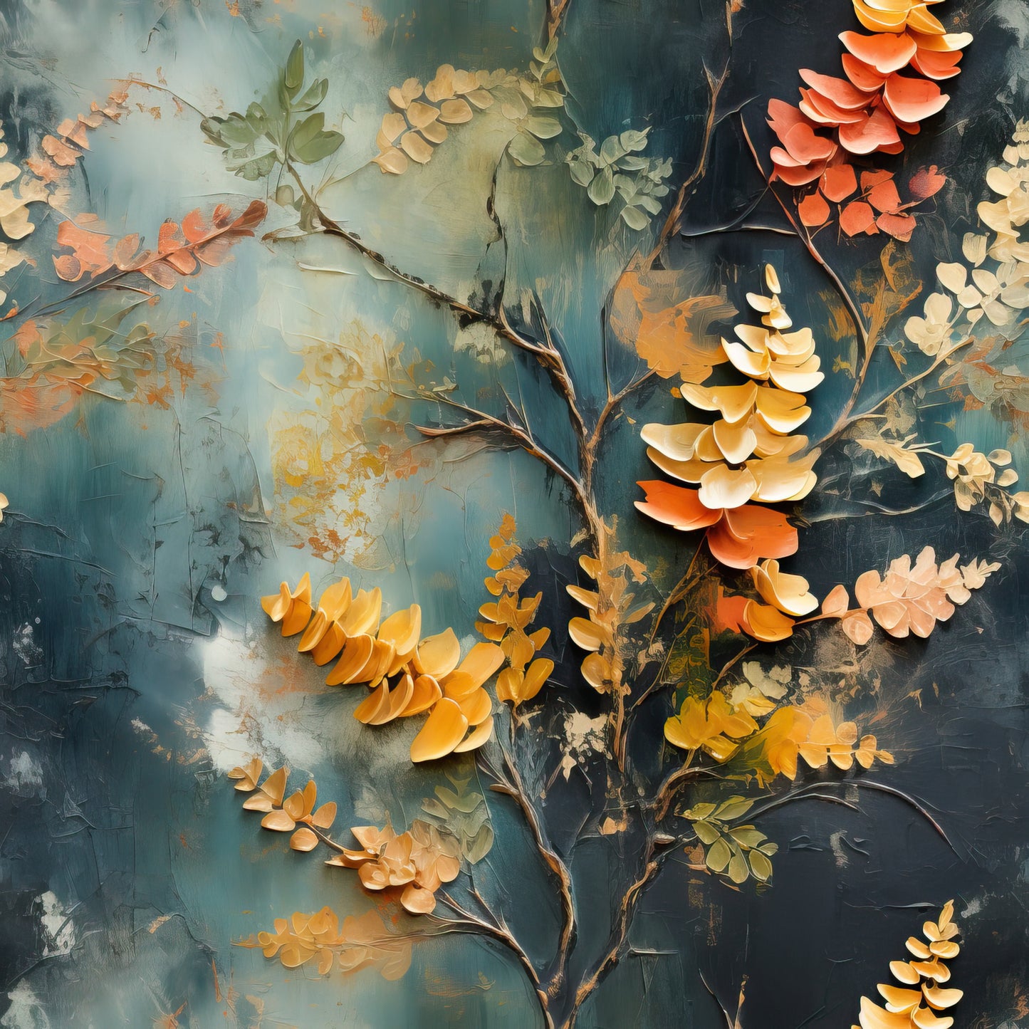teal, orange, golden yellow, coral, sage green, autumn leaves, botanical branches, layered foliage, textured brushstrokes, moody atmosphere, quilting cotton, fabric panel, fall season, nature motif, artistic painting, dimensional leaves, warm earth tones, cool blues, organic shapes, mixed media style