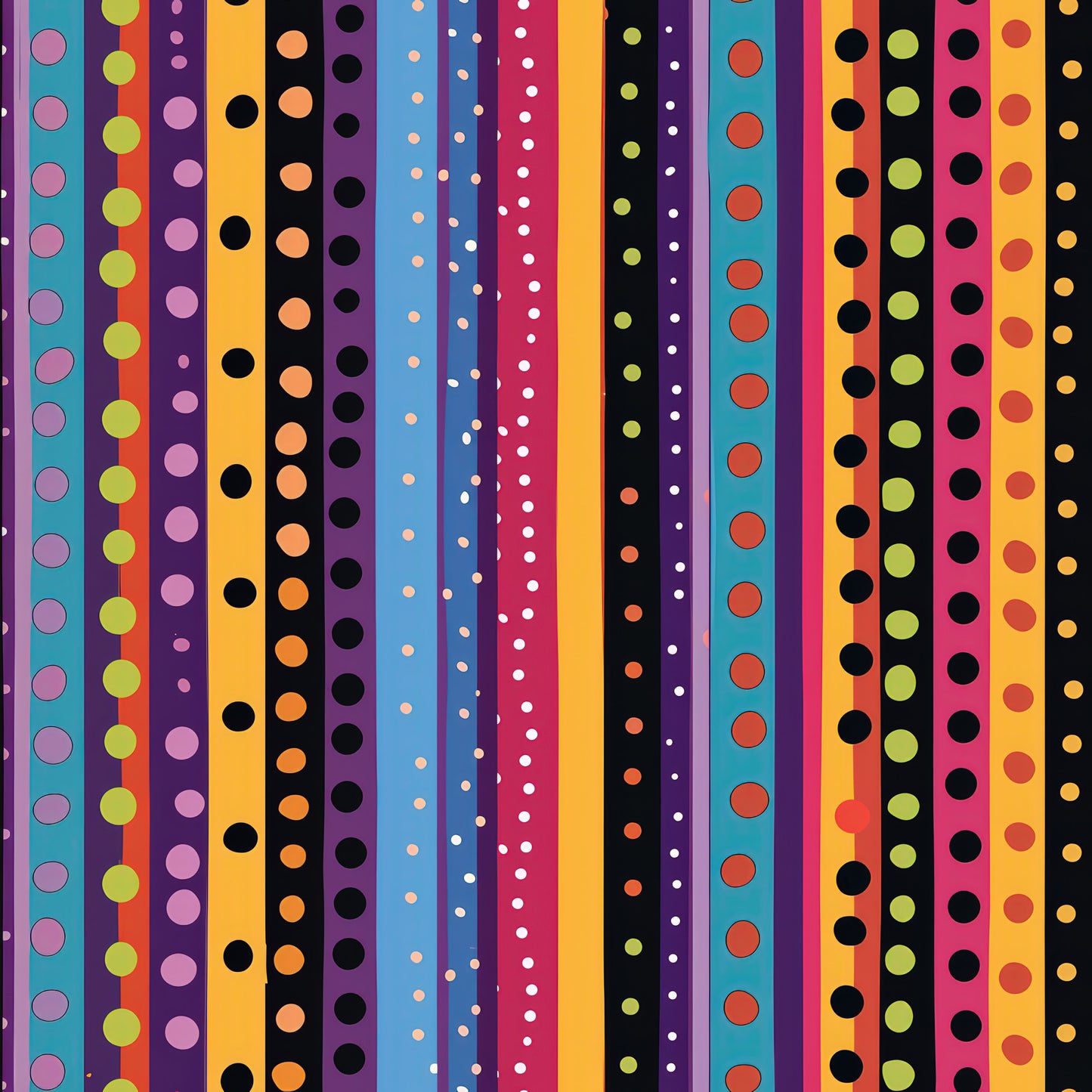 colorful stripes, polka dots, vertical stripes, purple, orange, teal, pink, yellow, black, red, blue, geometric pattern, bright colors, rainbow stripes, circular dots, quilting cotton, fabric panel, vibrant design, multicolored, contemporary pattern, cheerful mood
