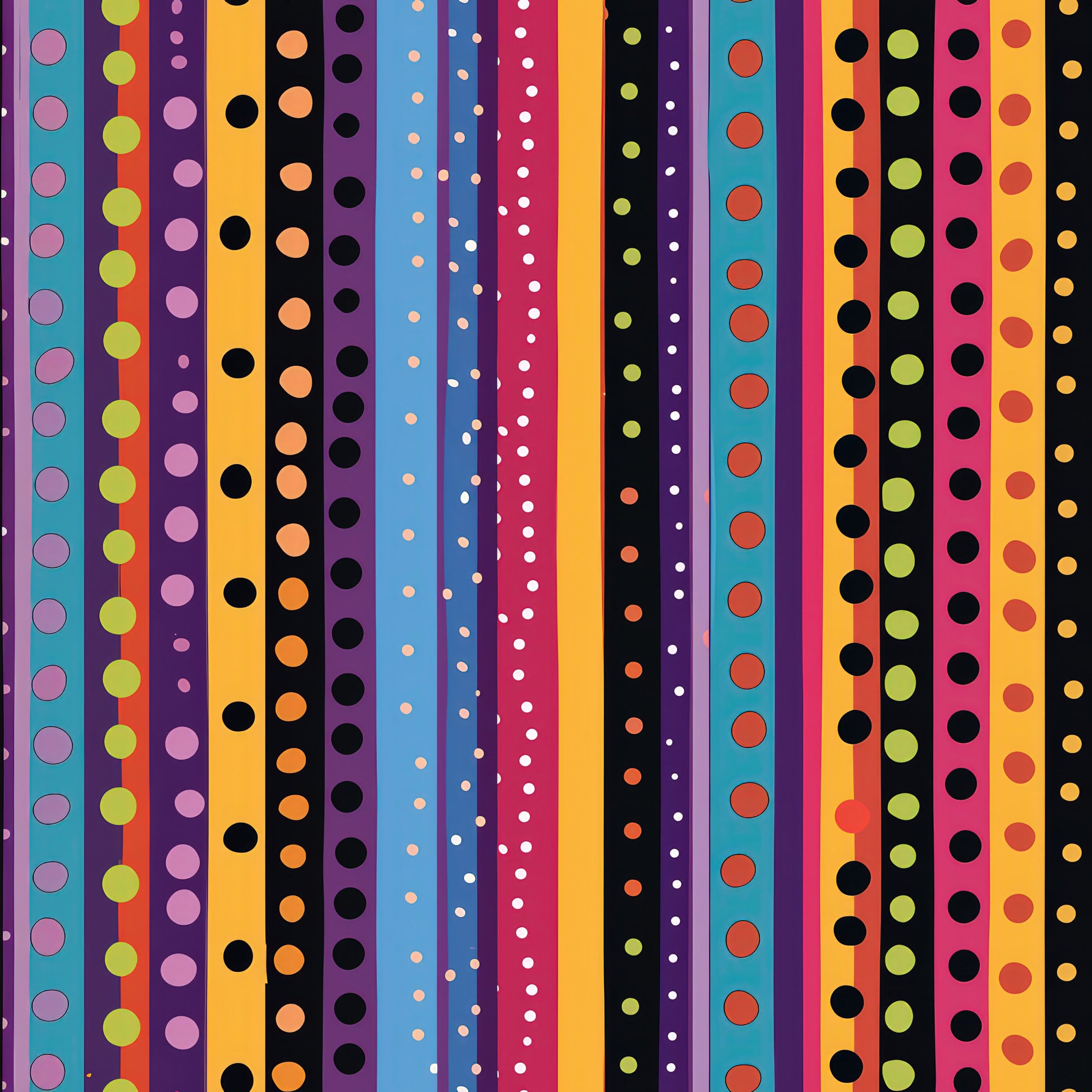 colorful stripes, polka dots, vertical stripes, purple, orange, teal, pink, yellow, black, red, blue, geometric pattern, bright colors, rainbow stripes, circular dots, quilting cotton, fabric panel, vibrant design, multicolored, contemporary pattern, cheerful mood