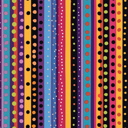 colorful stripes, polka dots, vertical stripes, purple, orange, teal, pink, yellow, black, red, blue, geometric pattern, bright colors, rainbow stripes, circular dots, quilting cotton, fabric panel, vibrant design, multicolored, contemporary pattern, cheerful mood