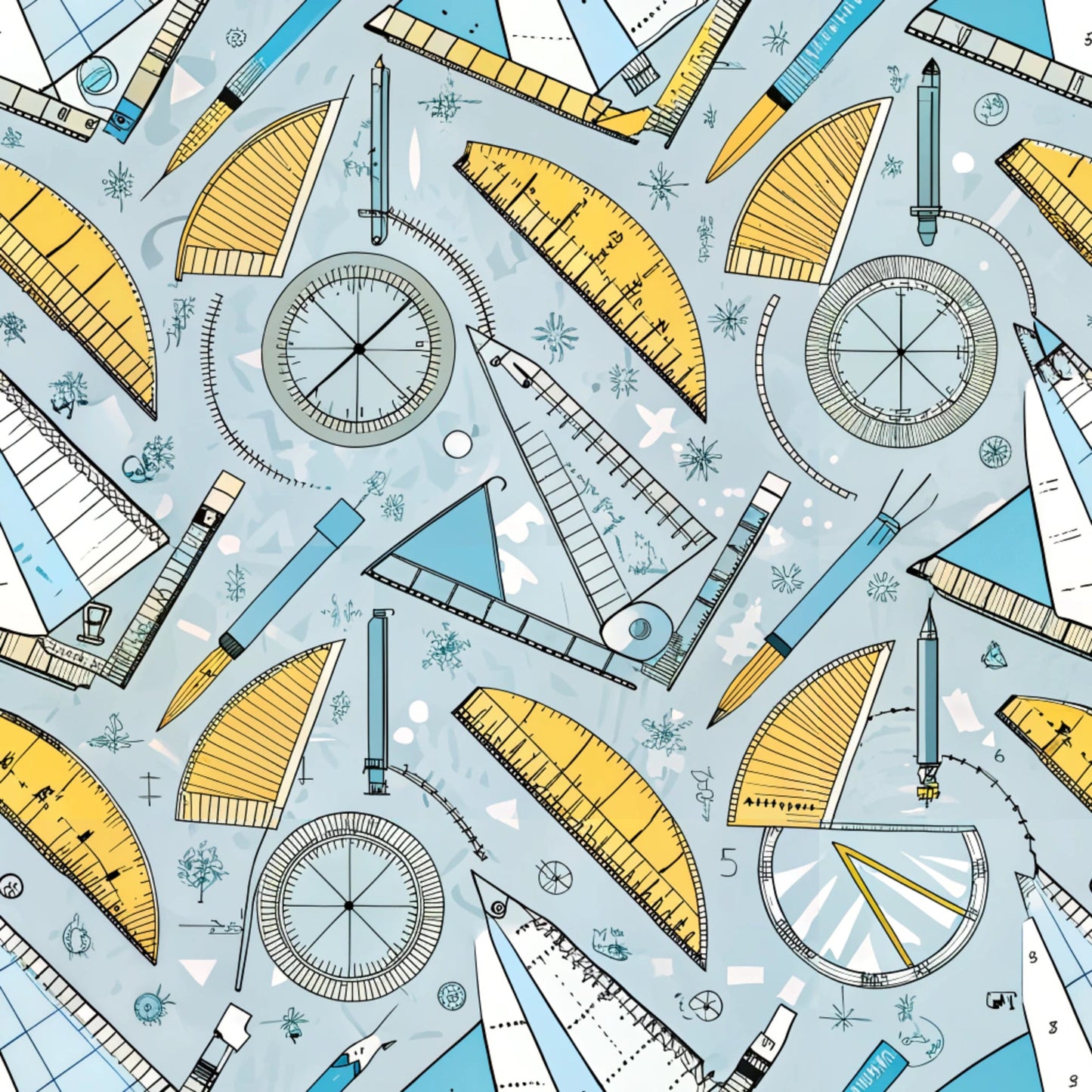 pale blue, yellow, teal, white, geometric tools, rulers, compasses, protractors, triangles, measuring instruments, math tools, drafting supplies, educational theme, school supplies, quilting cotton, fabric panel, scattered pattern, technical drawing, academic motif, back to school, geometric shapes, precise illustrations