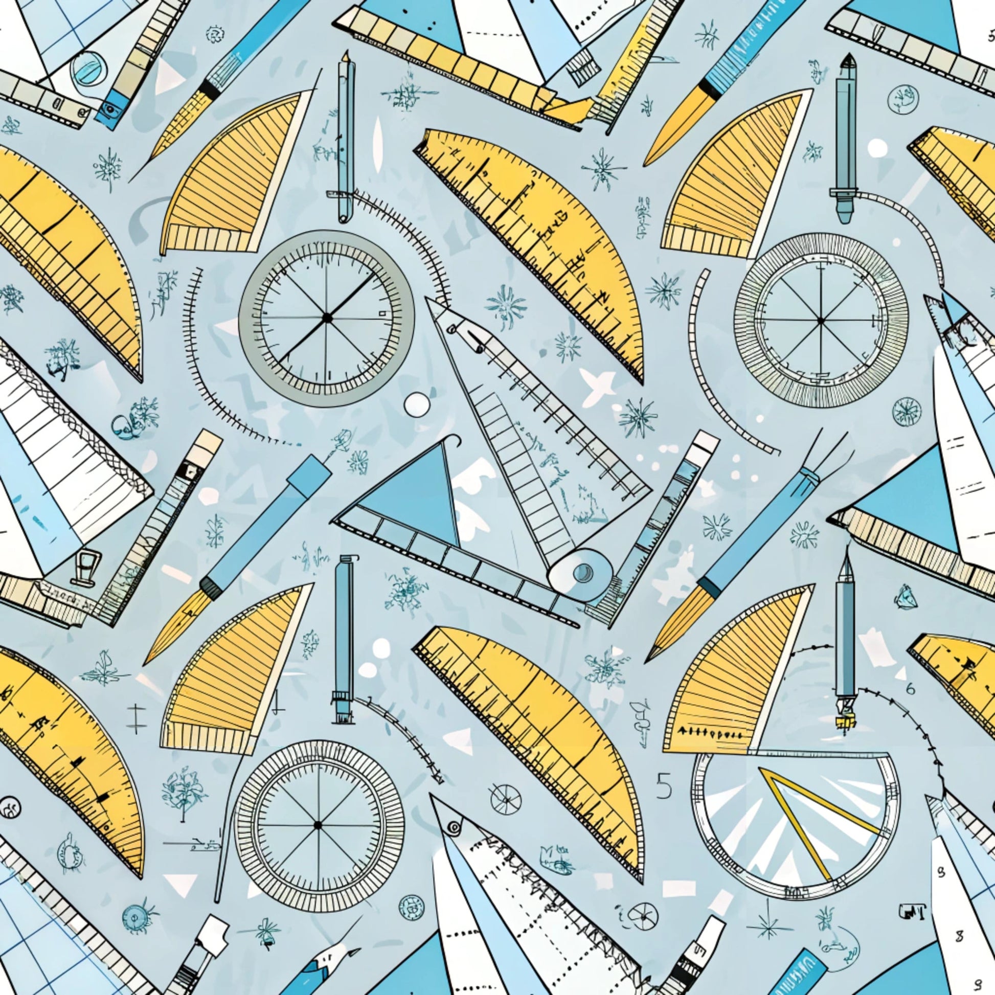 pale blue, yellow, teal, white, geometric tools, rulers, compasses, protractors, triangles, measuring instruments, math tools, drafting supplies, educational theme, school supplies, quilting cotton, fabric panel, scattered pattern, technical drawing, academic motif, back to school, geometric shapes, precise illustrations