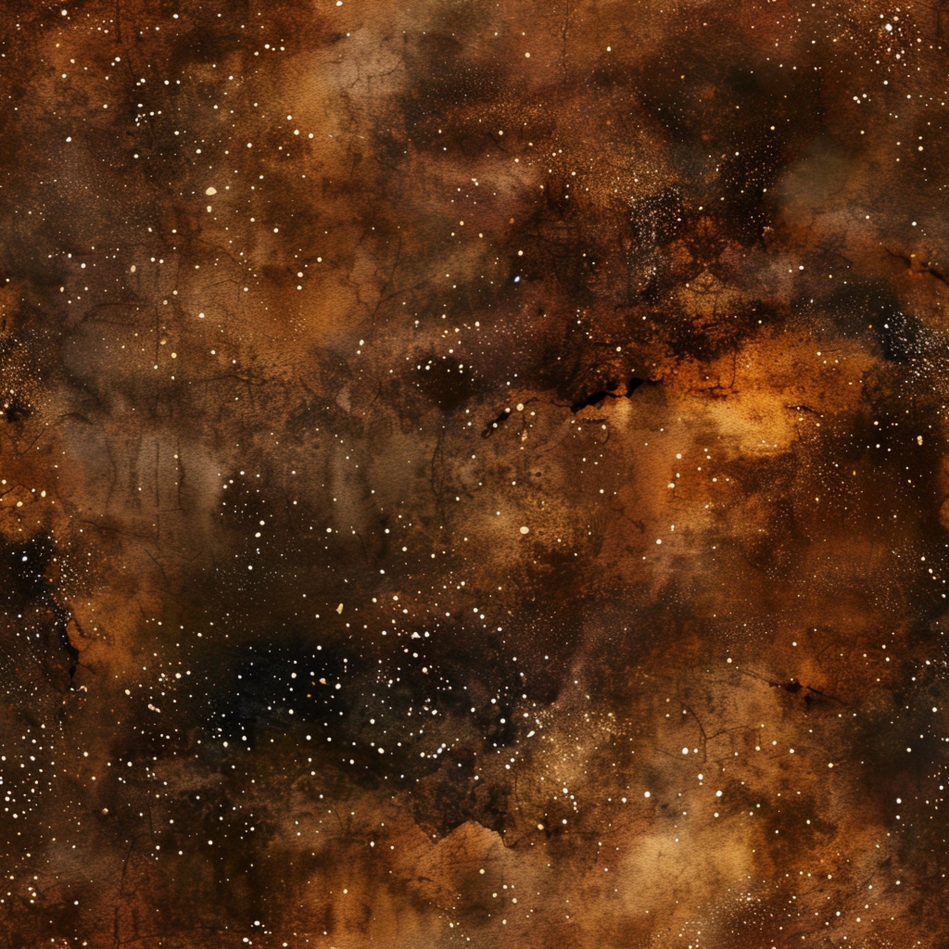 brown, rust, amber, burnt orange, galaxy, stars, cosmic, nebula, space, painted effect, watercolor style, celestial, quilting cotton, fabric panel, astronomy, night sky, swirled clouds, dusty, warm tones, abstract