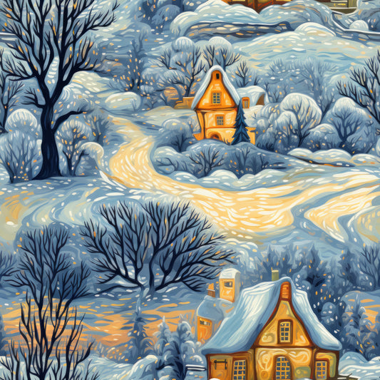 winter scene, snowy landscape, orange cottage, warm house, bare trees, snow-covered roofs, winding path, golden yellow, deep blue, white snow, cozy homes, illuminated windows, winter village, quilting cotton, fabric panel, seasonal design, stylized illustration, peaceful mood, dawn lighting, rolling hills