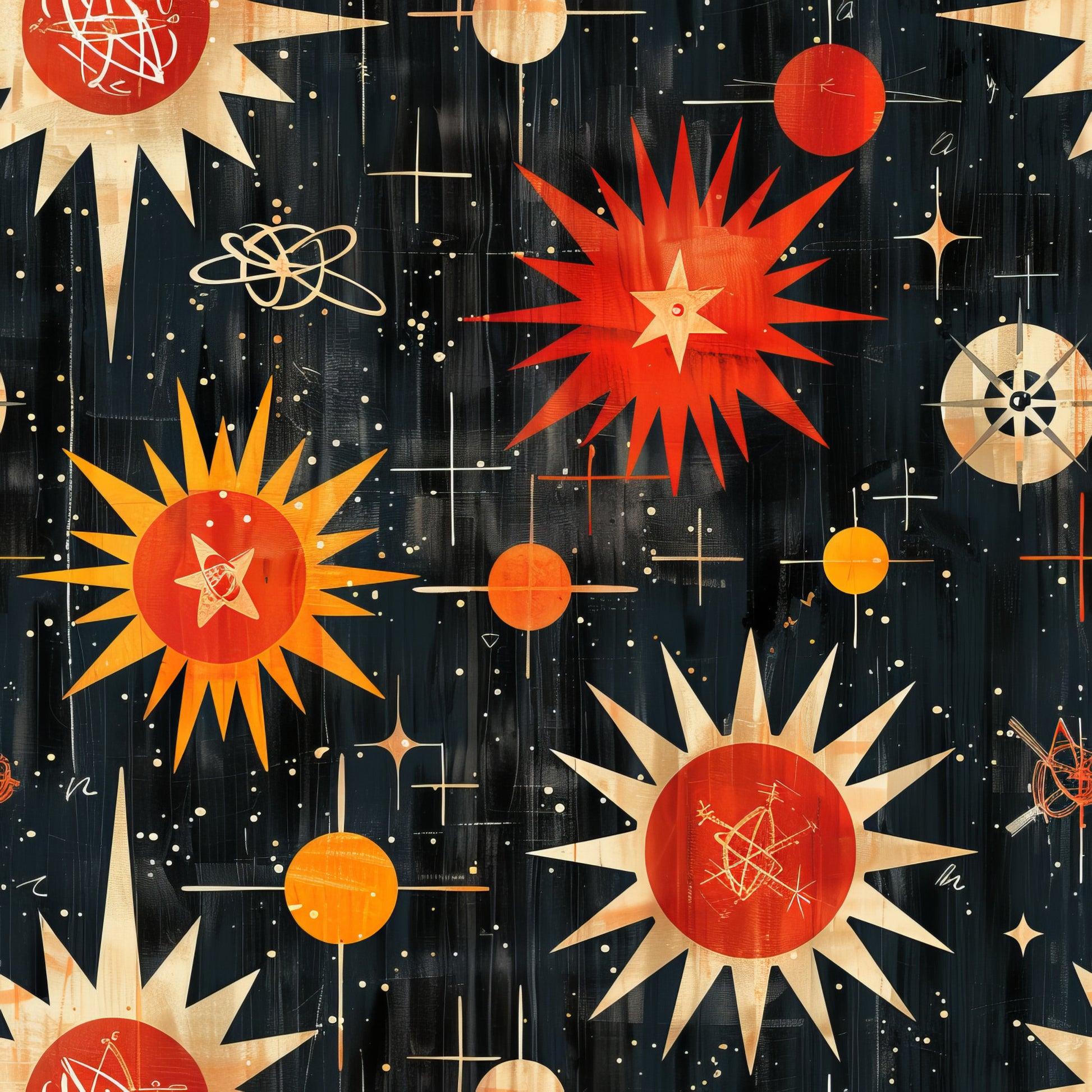 retro starburst, mid-century modern, atomic age, space theme, celestial design, red orange yellow, cream beige, dark navy background, geometric stars, orbital rings, constellation patterns, vintage atomic, 1950s style, quilting cotton, fabric panel, starry night, cosmic motifs, angular rays, modernist design, space age aesthetic