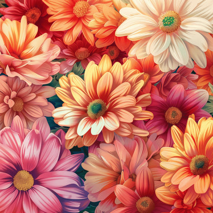 coral, peach, pink, orange, yellow, cream, gerbera daisies, realistic flowers, floral pattern, botanical design, vibrant blooms, layered petals, detailed centers, warm tones, sunset colors, quilting cotton, fabric panel, photorealistic style, dense floral, spring flowers, cheerful mood