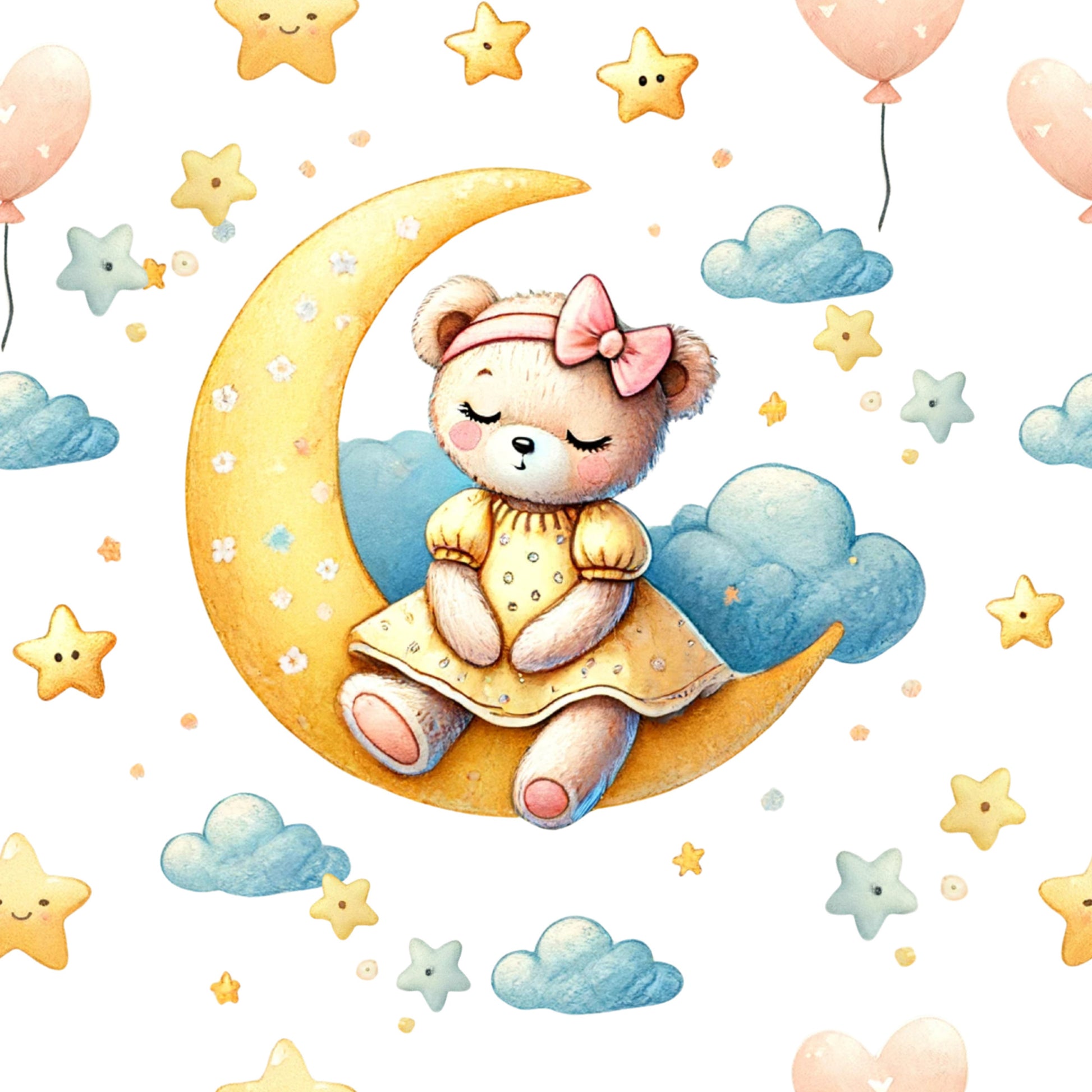 teddy bear, crescent moon, stars, clouds, balloons, pastel colors, yellow, pink, blue, watercolor style, whimsical, nursery theme, baby fabric, quilting cotton, fabric panel, cute animals, sleepy bear, bow accessory, dreamy atmosphere, children's fabric