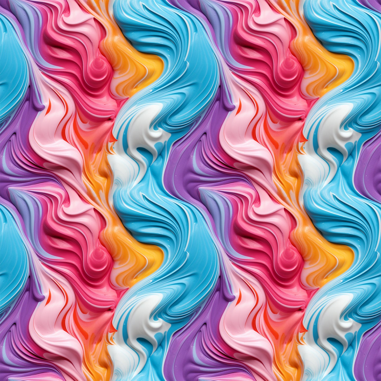 vibrant swirls, frosting pattern, marbled design, pink swirls, blue swirls, purple swirls, orange swirls, white swirls, fluid motion, abstract art, candy colors, pastel tones, quilting cotton, fabric panel, seamless repeat, flowing curves, colorful waves, artistic swirls, modern pattern, bright colors