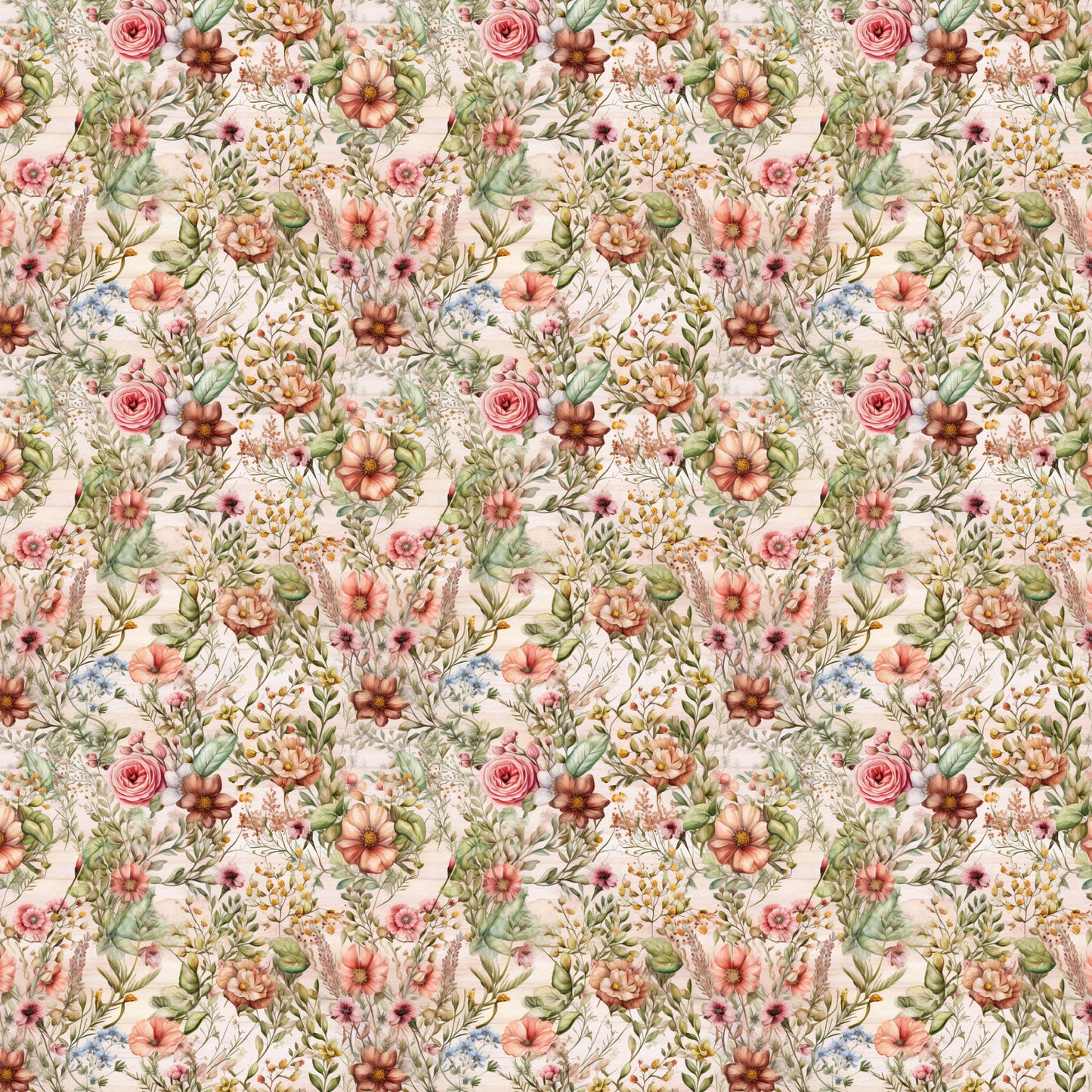 floral pattern, botanical design, pink roses, coral flowers, peach blooms, green leaves, cream background, wildflower meadow, cottage garden, vintage florals, quilting cotton, fabric panel, romantic style, spring flowers, delicate petals, garden bouquet, soft pastels, repeating motif, nature inspired, whimsical blooms
