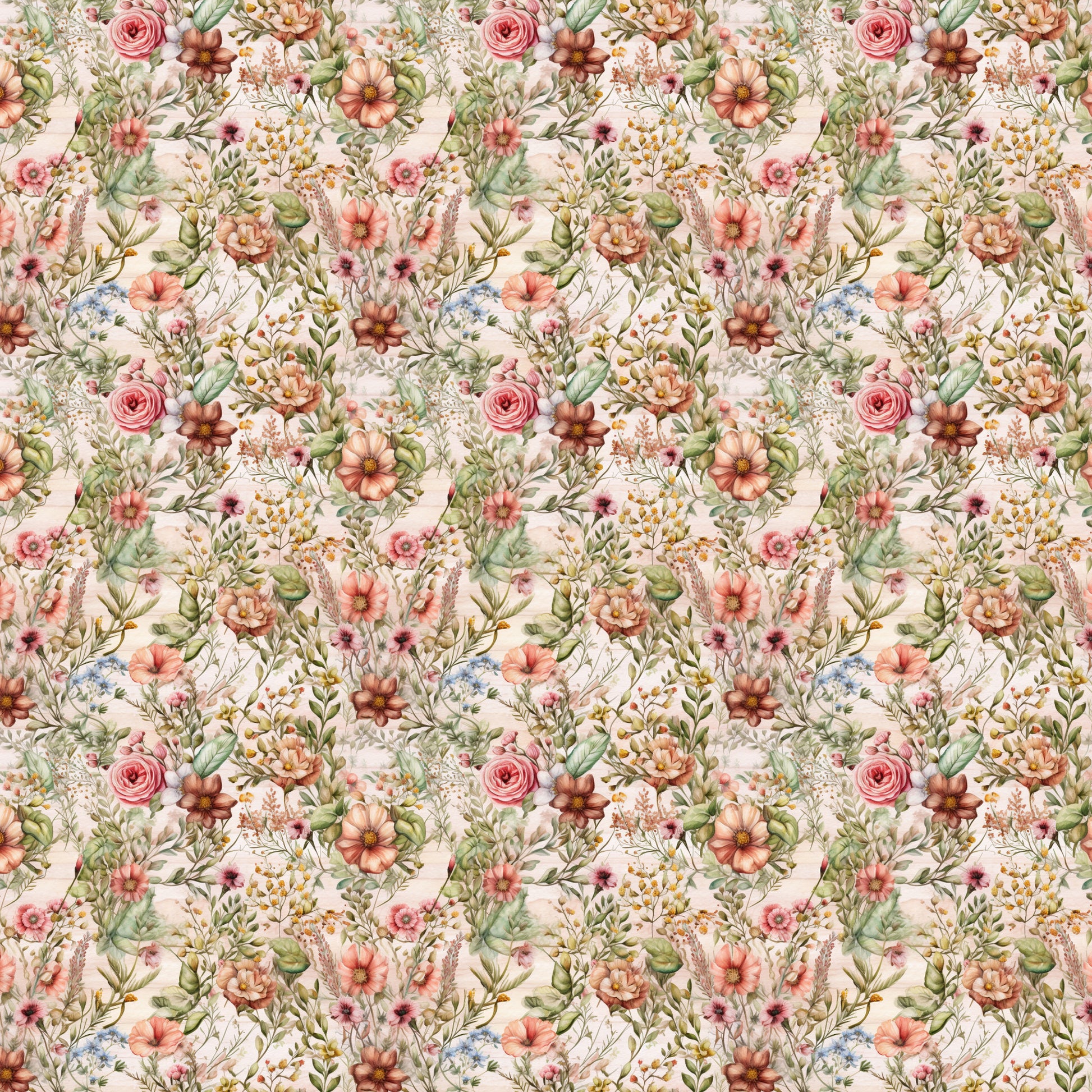 floral pattern, botanical design, pink roses, coral flowers, peach blooms, green leaves, cream background, wildflower meadow, cottage garden, vintage florals, quilting cotton, fabric panel, romantic style, spring flowers, delicate petals, garden bouquet, soft pastels, repeating motif, nature inspired, whimsical blooms