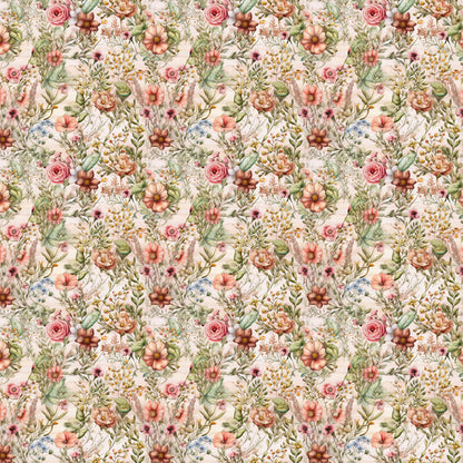 floral pattern, botanical design, pink roses, coral flowers, peach blooms, green leaves, cream background, wildflower meadow, cottage garden, vintage florals, quilting cotton, fabric panel, romantic style, spring flowers, delicate petals, garden bouquet, soft pastels, repeating motif, nature inspired, whimsical blooms