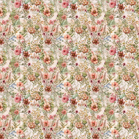 floral pattern, botanical design, pink roses, coral flowers, peach blooms, green leaves, cream background, wildflower meadow, cottage garden, vintage florals, quilting cotton, fabric panel, romantic style, spring flowers, delicate petals, garden bouquet, soft pastels, repeating motif, nature inspired, whimsical blooms