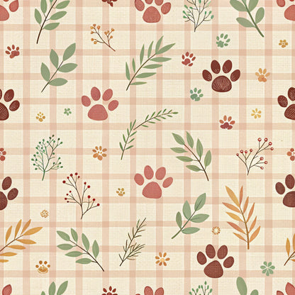 dog paws, paw prints, botanical leaves, nature motifs, beige background, coral pink, sage green, terracotta brown, golden yellow, plaid pattern, gingham check, quilting cotton, fabric panel, autumn colors, earthy tones, pet themed, floral sprigs, berries, warm palette, crafting fabric