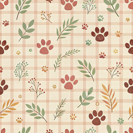 dog paws, paw prints, botanical leaves, nature motifs, beige background, coral pink, sage green, terracotta brown, golden yellow, plaid pattern, gingham check, quilting cotton, fabric panel, autumn colors, earthy tones, pet themed, floral sprigs, berries, warm palette, crafting fabric