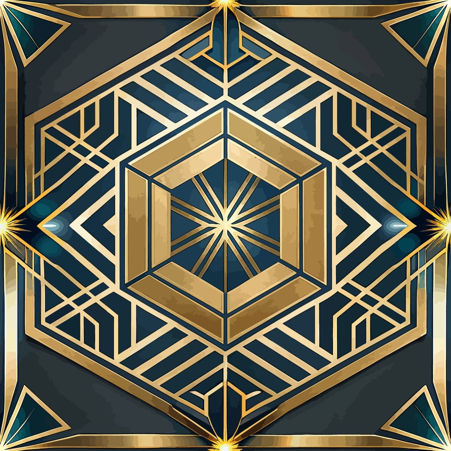 art deco, geometric pattern, gold, teal, navy blue, hexagonal design, radiating lines, sunburst motif, metallic accents, symmetrical design, angular shapes, vintage style, luxurious, ornate pattern, quilting cotton, fabric panel, dimensional effect, intricate details, 1920s inspired