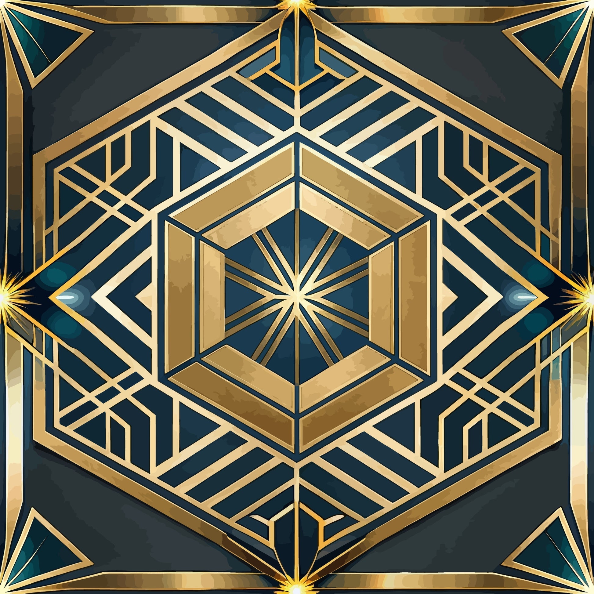 art deco, geometric pattern, gold, teal, navy blue, hexagonal design, radiating lines, sunburst motif, metallic accents, symmetrical design, angular shapes, vintage style, luxurious, ornate pattern, quilting cotton, fabric panel, dimensional effect, intricate details, 1920s inspired