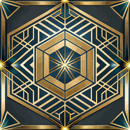 art deco, geometric pattern, gold, teal, navy blue, hexagonal design, radiating lines, sunburst motif, metallic accents, symmetrical design, angular shapes, vintage style, luxurious, ornate pattern, quilting cotton, fabric panel, dimensional effect, intricate details, 1920s inspired