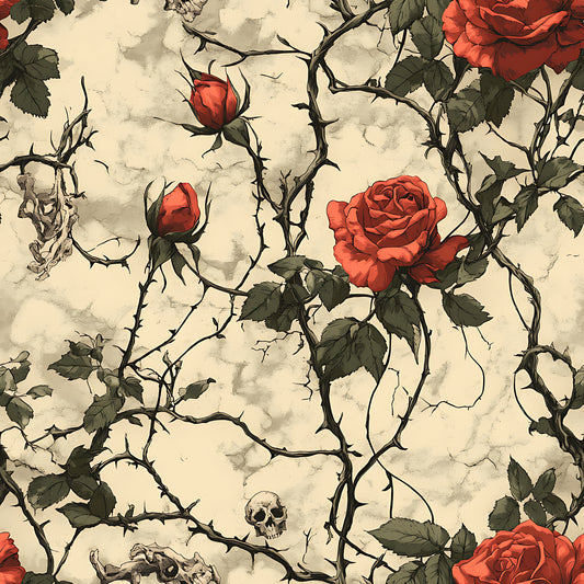 red roses, thorny vines, skulls, bones, cream background, gothic pattern, floral design, dark romantic, quilting cotton, fabric panel, vintage style, botanical elements, spooky aesthetic, rose buds, green leaves, weathered texture, halloween theme, alternative fashion, macabre motifs