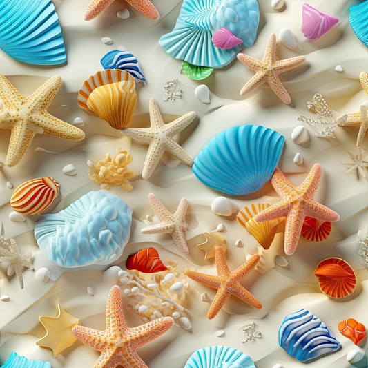 beach themed, seashells, starfish, ocean blue, turquoise, coral orange, cream background, nautical pattern, marine life, coastal design, quilting cotton, fabric panel, summer vibes, seaside motifs, shell collection, sandy beige, tropical colors, ocean treasures, beach vacation, maritime elements