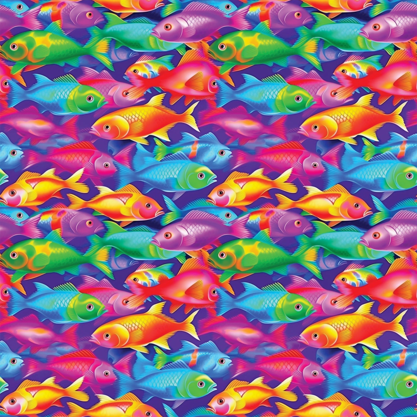 tropical fish, vibrant colors, purple background, rainbow fish, swimming pattern, quilting cotton, fabric panel, ocean theme, aquatic animals, bright pink, electric blue, lime green, yellow orange, seamless repeat, underwater scene, colorful fish, marine life, tropical waters, playful design, swimming motion