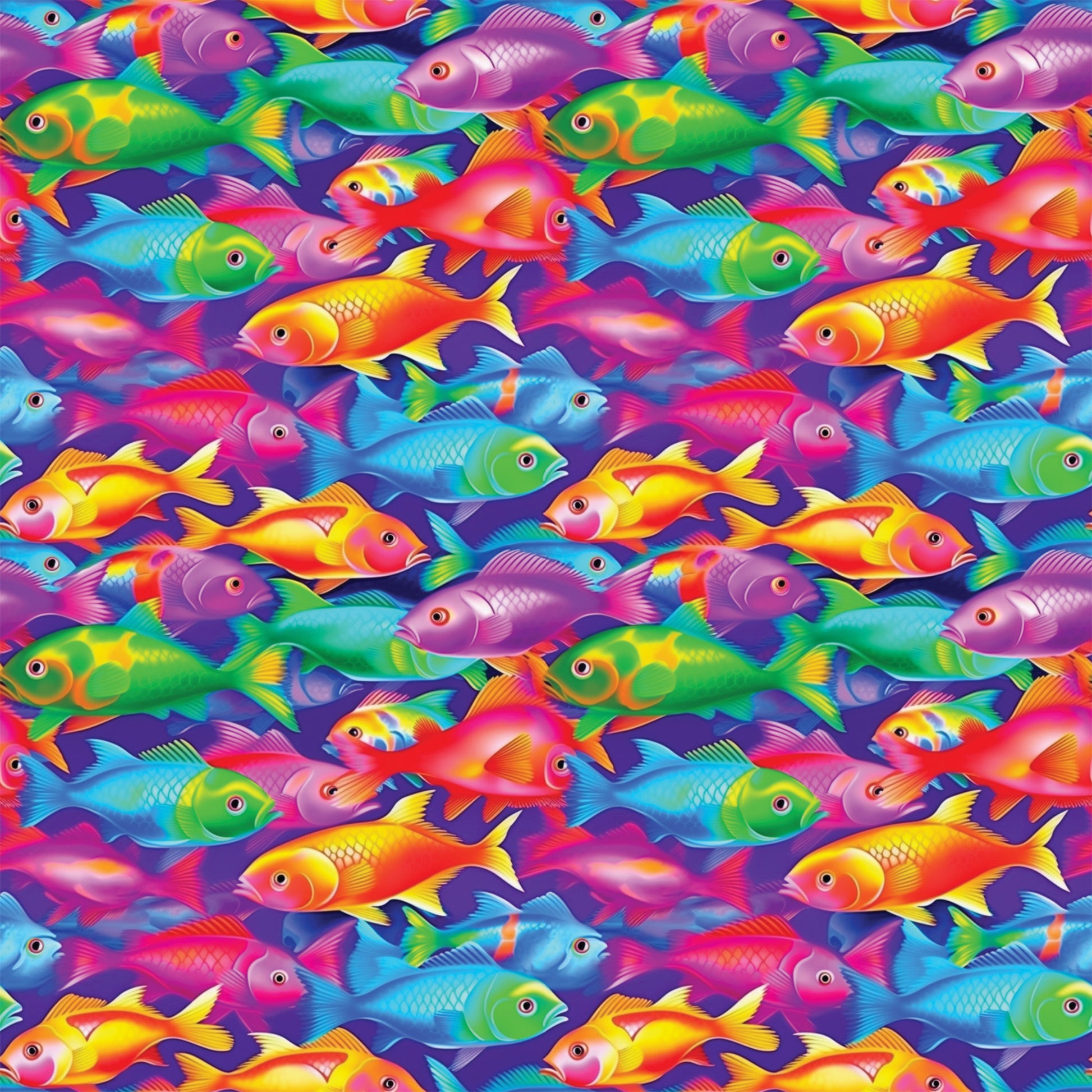 tropical fish, vibrant colors, purple background, rainbow fish, swimming pattern, quilting cotton, fabric panel, ocean theme, aquatic animals, bright pink, electric blue, lime green, yellow orange, seamless repeat, underwater scene, colorful fish, marine life, tropical waters, playful design, swimming motion