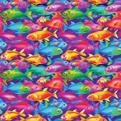 tropical fish, vibrant colors, purple background, rainbow fish, swimming pattern, quilting cotton, fabric panel, ocean theme, aquatic animals, bright pink, electric blue, lime green, yellow orange, seamless repeat, underwater scene, colorful fish, marine life, tropical waters, playful design, swimming motion