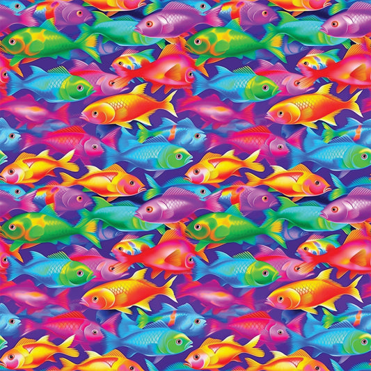 tropical fish, vibrant colors, purple background, rainbow fish, swimming pattern, quilting cotton, fabric panel, ocean theme, aquatic animals, bright pink, electric blue, lime green, yellow orange, seamless repeat, underwater scene, colorful fish, marine life, tropical waters, playful design, swimming motion