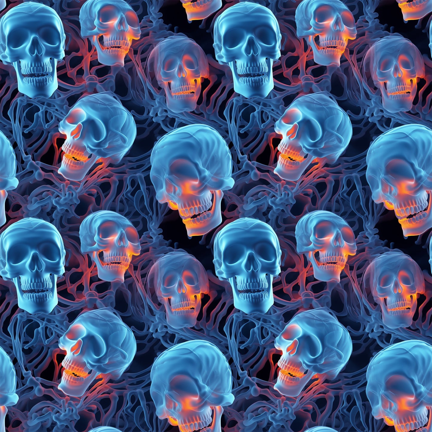 halloween fabric, skulls, skeleton bones, blue tones, orange glow, neon colors, spooky pattern, gothic design, seamless repeat, quilting cotton, fabric panel, dark background, glowing effect, horror theme, october holiday, creepy skulls, bone structure, electric blue, fiery orange, halloween decor