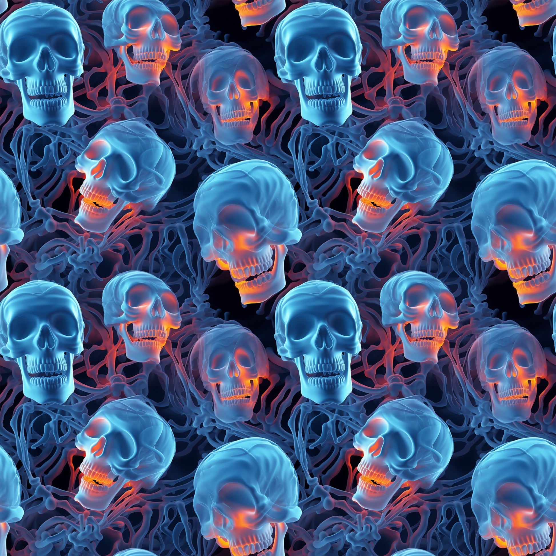 halloween fabric, skulls, skeleton bones, blue tones, orange glow, neon colors, spooky pattern, gothic design, seamless repeat, quilting cotton, fabric panel, dark background, glowing effect, horror theme, october holiday, creepy skulls, bone structure, electric blue, fiery orange, halloween decor