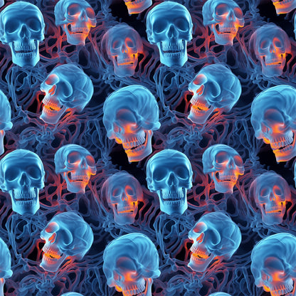 halloween fabric, skulls, skeleton bones, blue tones, orange glow, neon colors, spooky pattern, gothic design, seamless repeat, quilting cotton, fabric panel, dark background, glowing effect, horror theme, october holiday, creepy skulls, bone structure, electric blue, fiery orange, halloween decor