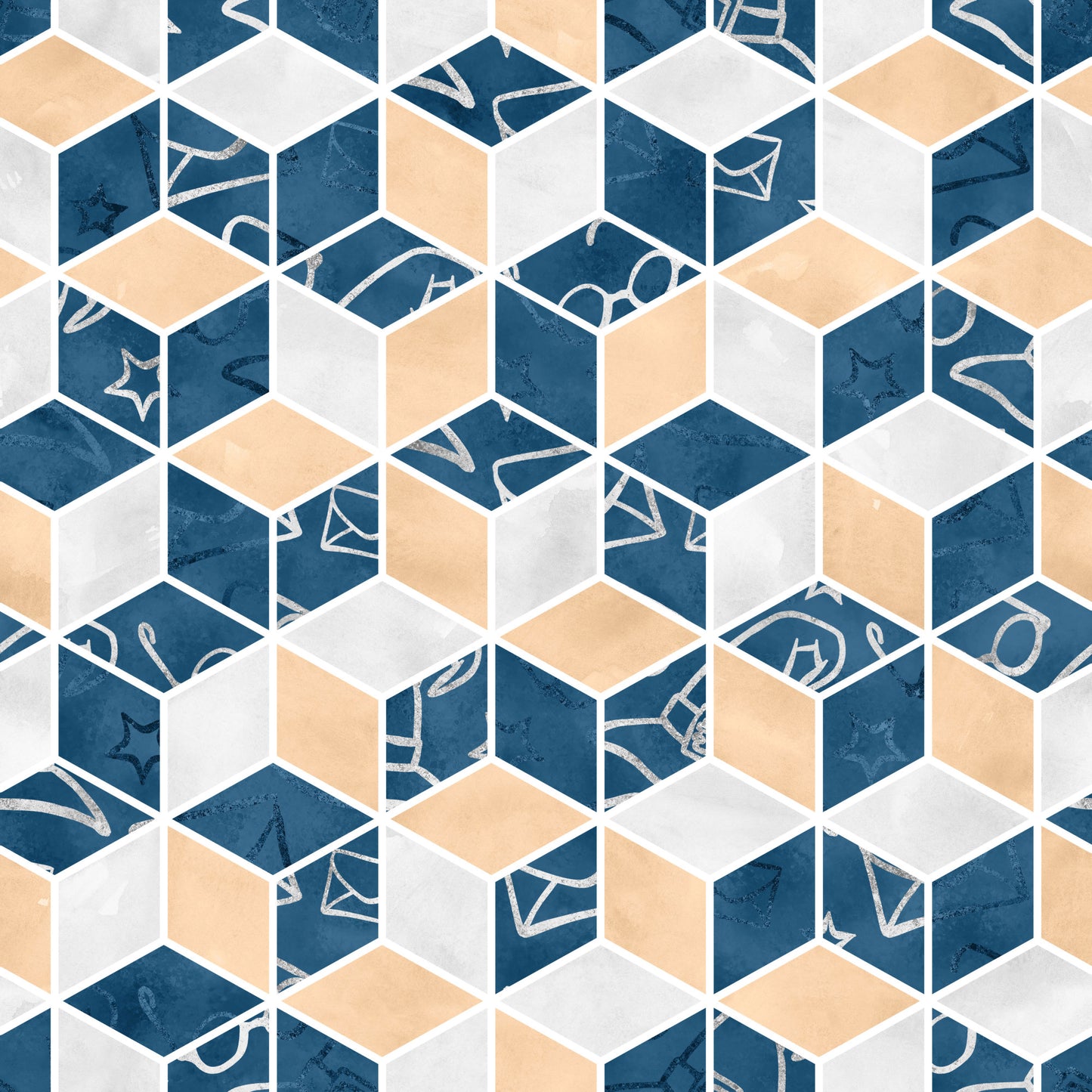 navy blue, peach orange, light gray, white, geometric cubes, isometric pattern, 3d hexagons, magic symbols, wizard icons, stars, envelopes, glasses, geometric tessellation, modern abstract, quilting cotton, fabric panel, magical theme, contemporary design, repeating motif, dimensional blocks