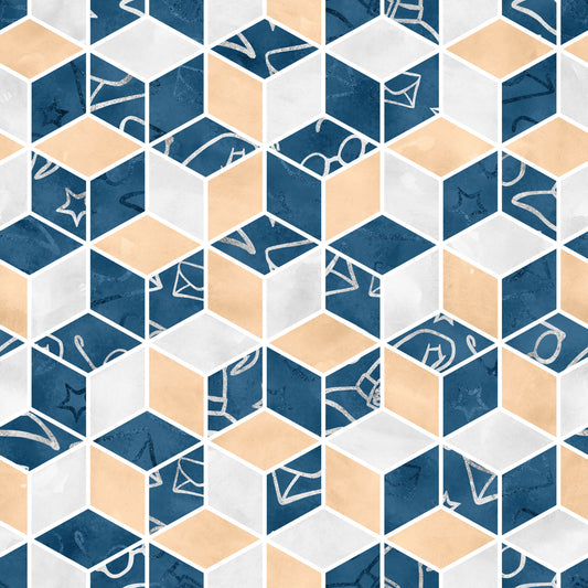 navy blue, peach orange, light gray, white, geometric cubes, isometric pattern, 3d hexagons, magic symbols, wizard icons, stars, envelopes, glasses, geometric tessellation, modern abstract, quilting cotton, fabric panel, magical theme, contemporary design, repeating motif, dimensional blocks