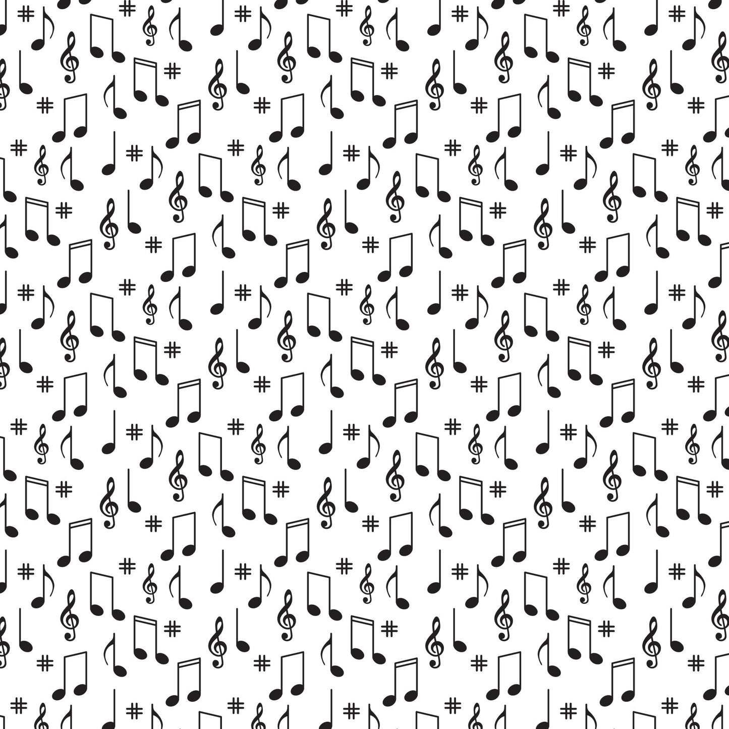 black, white, musical notes, treble clef, sharp symbols, scattered pattern, music theme, monochrome, quilting cotton, fabric panel, random placement, musical symbols, geometric arrangement, repetitive design, vintage style, retro pattern, cotton fabric, crafting material, sewing supplies