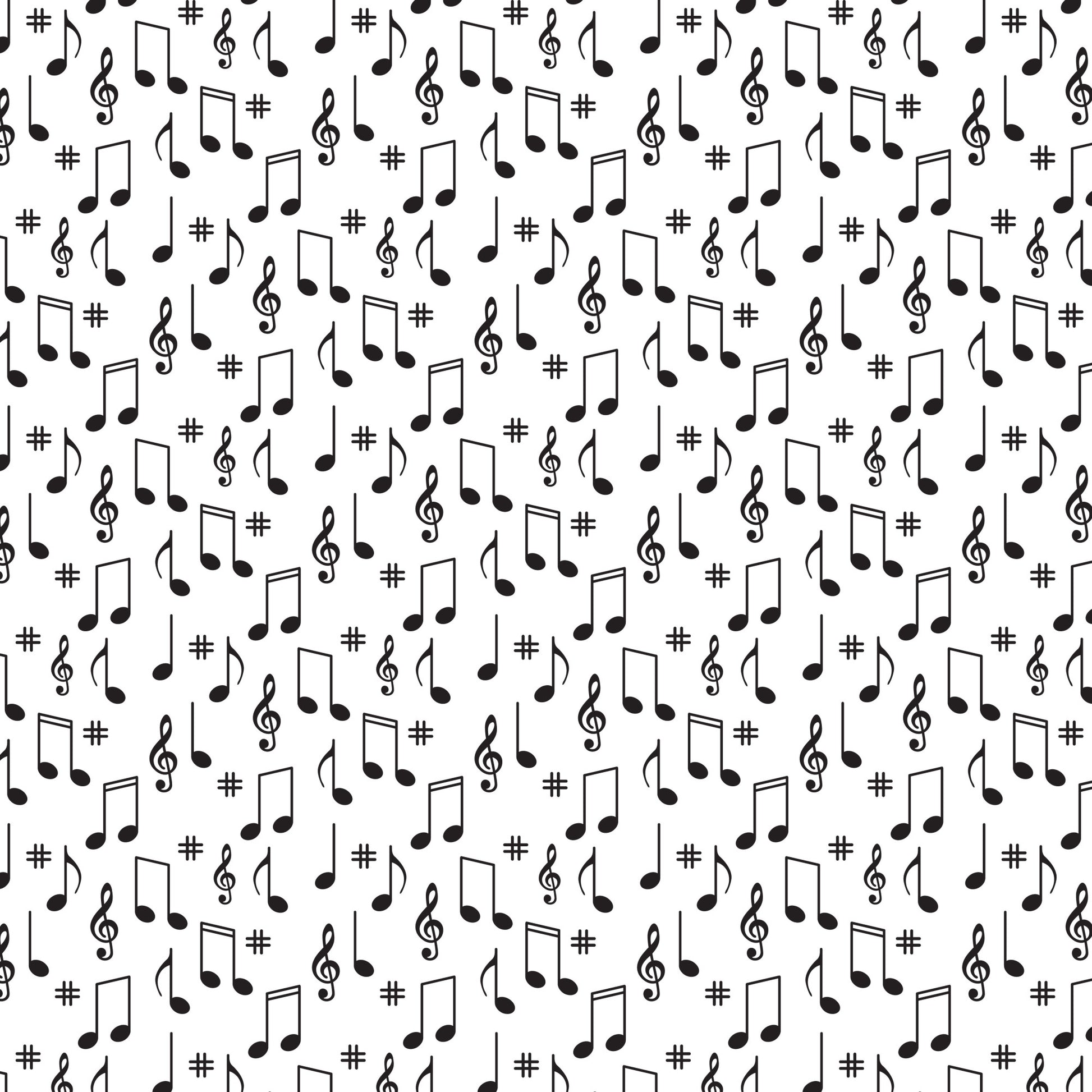black, white, musical notes, treble clef, sharp symbols, scattered pattern, music theme, monochrome, quilting cotton, fabric panel, random placement, musical symbols, geometric arrangement, repetitive design, vintage style, retro pattern, cotton fabric, crafting material, sewing supplies