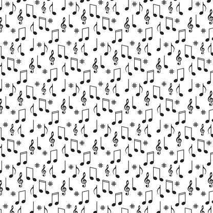 black, white, musical notes, treble clef, sharp symbols, scattered pattern, music theme, monochrome, quilting cotton, fabric panel, random placement, musical symbols, geometric arrangement, repetitive design, vintage style, retro pattern, cotton fabric, crafting material, sewing supplies