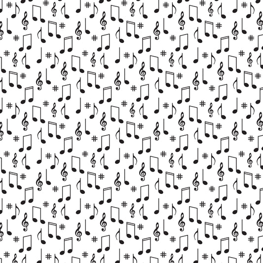 black, white, musical notes, treble clef, sharp symbols, scattered pattern, music theme, monochrome, quilting cotton, fabric panel, random placement, musical symbols, geometric arrangement, repetitive design, vintage style, retro pattern, cotton fabric, crafting material, sewing supplies