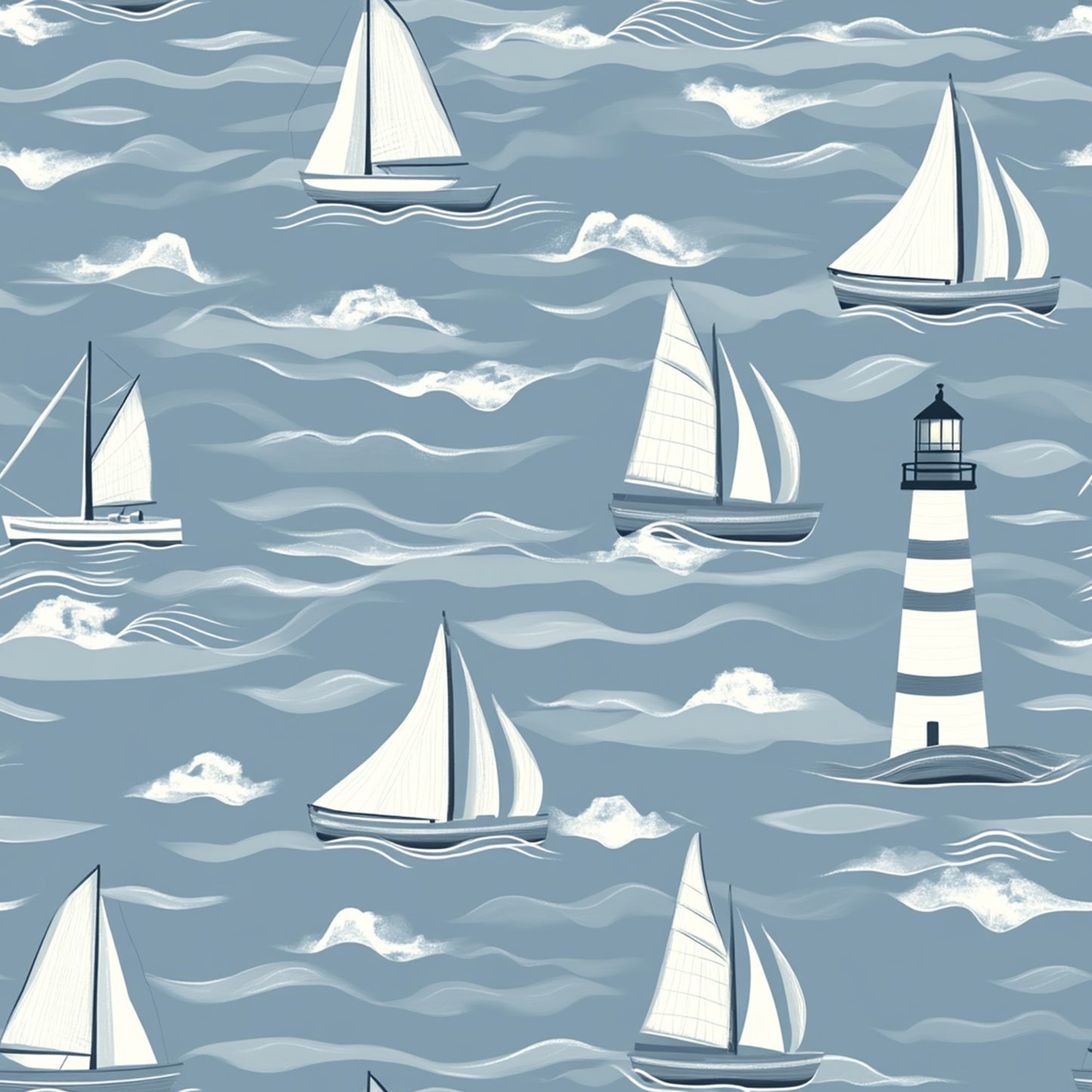 lighthouse, sailboats, nautical theme, ocean waves, blue gray, white sails, coastal scene, maritime design, quilting cotton, fabric panel, sailing vessels, seascape pattern, wavy lines, monochromatic blue, nautical motifs, boat pattern, lighthouse stripes, ocean fabric, marine theme, sailing pattern