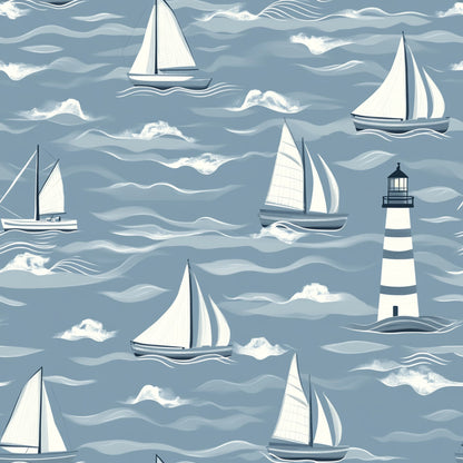 lighthouse, sailboats, nautical theme, ocean waves, blue gray, white sails, coastal scene, maritime design, quilting cotton, fabric panel, sailing vessels, seascape pattern, wavy lines, monochromatic blue, nautical motifs, boat pattern, lighthouse stripes, ocean fabric, marine theme, sailing pattern