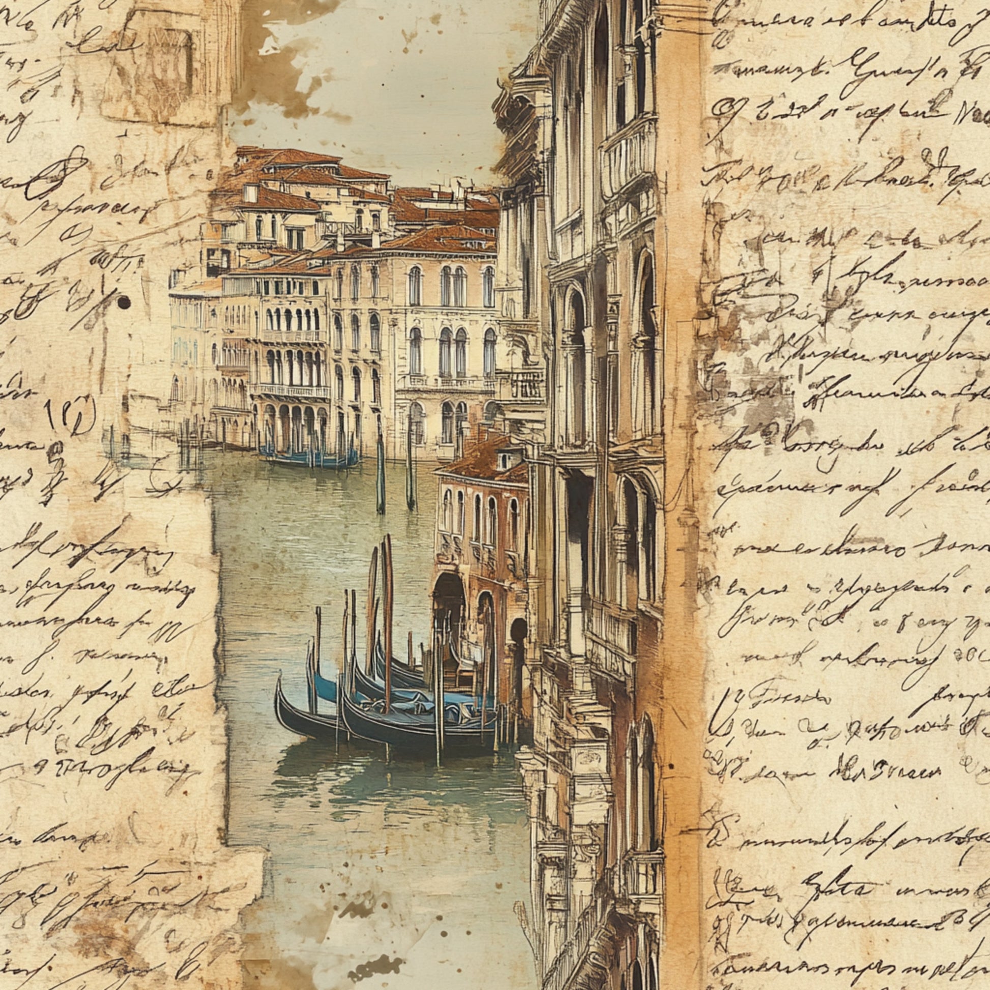 vintage postcard, venice canal, gondolas, italian architecture, handwritten script, sepia tones, aged paper, travel theme, watercolor style, ornate buildings, romantic mood, quilting cotton, fabric panel, antique lettering, european cityscape, nostalgic atmosphere, warm browns, cream background, artistic illustration, vintage correspondence
