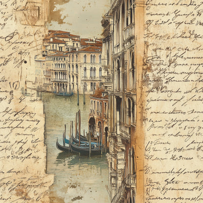 vintage postcard, venice canal, gondolas, italian architecture, handwritten script, sepia tones, aged paper, travel theme, watercolor style, ornate buildings, romantic mood, quilting cotton, fabric panel, antique lettering, european cityscape, nostalgic atmosphere, warm browns, cream background, artistic illustration, vintage correspondence