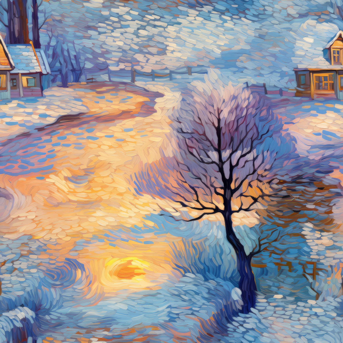 winter scene, dawn sky, bare tree, snow covered ground, wooden houses, swirling brushstrokes, impressionist style, blue tones, orange sunset, purple shadows, quilting cotton, fabric panel, village landscape, post-impressionist, textured paint effect, winter morning, rural setting, artistic rendering, cottage homes, dreamy atmosphere