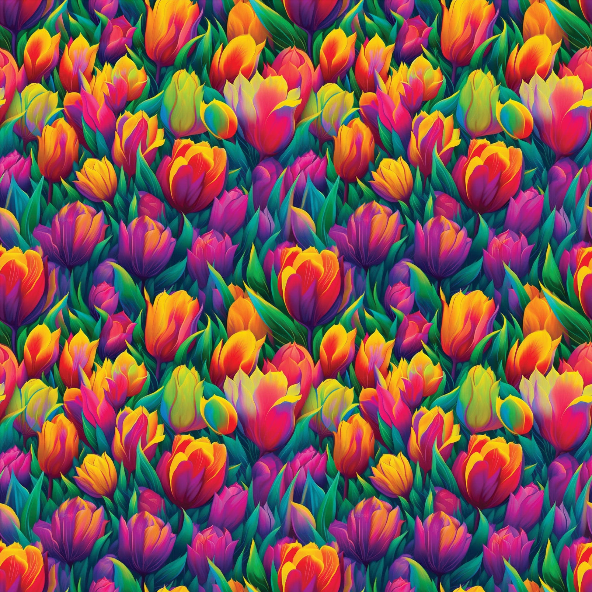 vibrant tulips, rainbow colors, floral pattern, spring flowers, bright pink, golden yellow, purple blooms, orange petals, green leaves, quilting cotton, fabric panel, botanical design, garden theme, colorful blooms, flower field, nature motif, cheerful mood, repeating pattern, densely packed, tulip garden