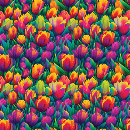 vibrant tulips, rainbow colors, floral pattern, spring flowers, bright pink, golden yellow, purple blooms, orange petals, green leaves, quilting cotton, fabric panel, botanical design, garden theme, colorful blooms, flower field, nature motif, cheerful mood, repeating pattern, densely packed, tulip garden