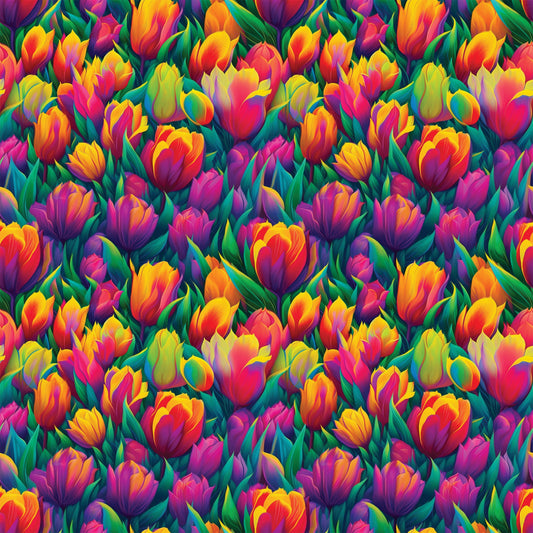 vibrant tulips, rainbow colors, floral pattern, spring flowers, bright pink, golden yellow, purple blooms, orange petals, green leaves, quilting cotton, fabric panel, botanical design, garden theme, colorful blooms, flower field, nature motif, cheerful mood, repeating pattern, densely packed, tulip garden