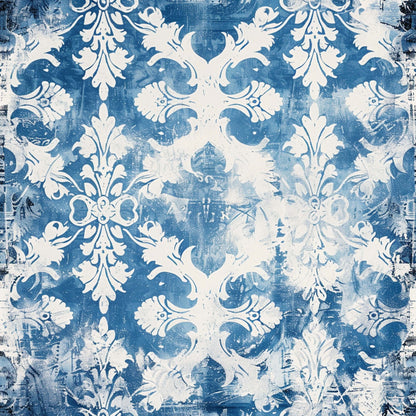 blue, white, vintage, farmhouse, damask pattern, ornate scrollwork, floral motifs, distressed texture, weathered look, baroque design, decorative flourishes, cotton fabric, quilting panel, aged patina, antique style, symmetrical pattern, elegant swirls, faded appearance, rustic charm