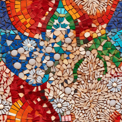 mosaic art, geometric pattern, red tiles, blue tiles, green tiles, orange tiles, white flowers, daisy motifs, circular medallions, tessellated design, vibrant colors, stained glass effect, quilting cotton, fabric panel, floral elements, abstract geometry, multicolored mosaic, decorative tiles, patchwork style, contemporary art