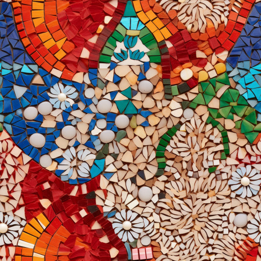 mosaic art, geometric pattern, red tiles, blue tiles, green tiles, orange tiles, white flowers, daisy motifs, circular medallions, tessellated design, vibrant colors, stained glass effect, quilting cotton, fabric panel, floral elements, abstract geometry, multicolored mosaic, decorative tiles, patchwork style, contemporary art