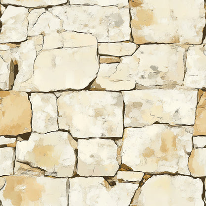 beige, cream, tan, stone wall, natural stone, rustic texture, weathered blocks, irregular stones, mortar joints, earthy tones, quilting cotton, fabric panel, western theme, aged appearance, rough hewn, country style, neutral palette, textural pattern, building blocks