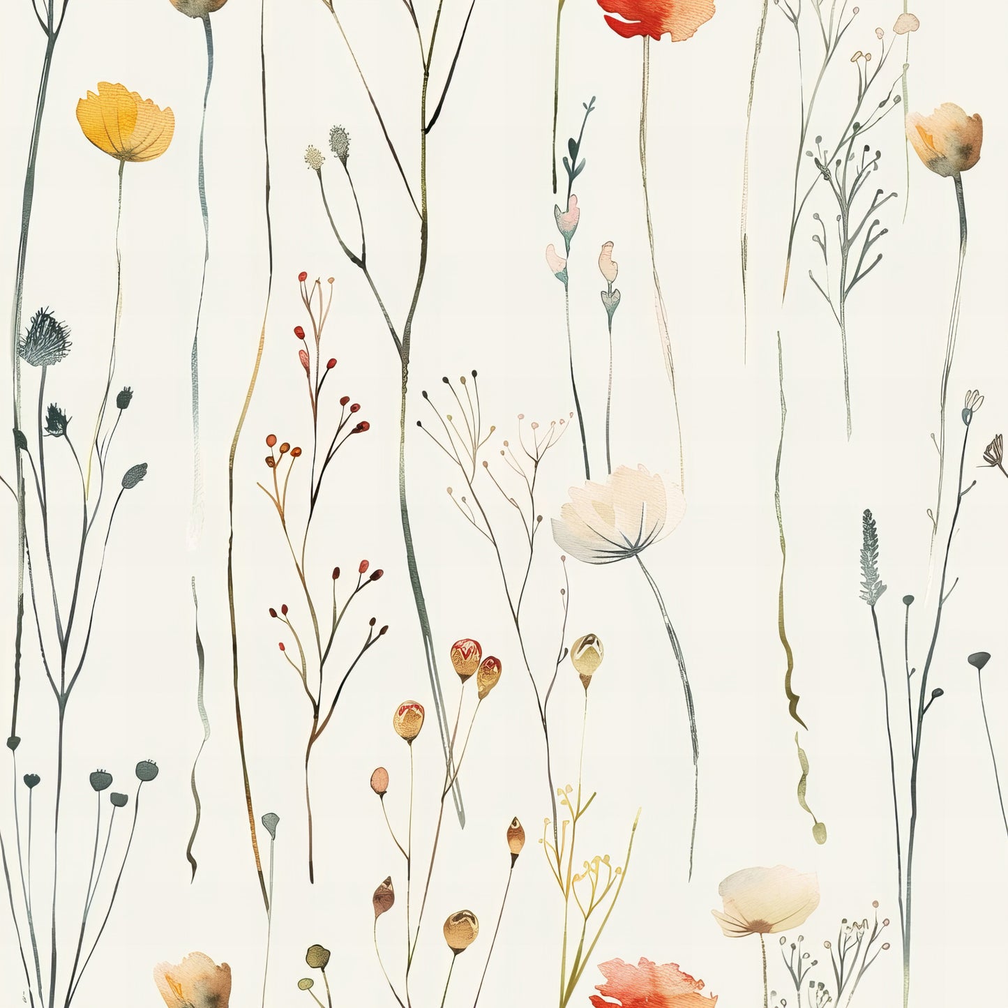 handdrawn wildflowers, meadow pattern, botanical illustration, delicate stems, watercolor style, cream background, orange blooms, red flowers, yellow petals, green foliage, natural elements, whimsical design, organic shapes, quilting cotton, fabric panel, floral motifs, spring flowers, artistic rendering, soft pastels, nature inspired