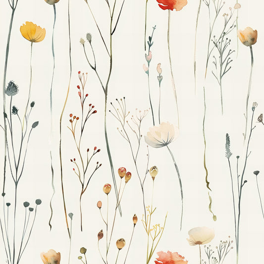 handdrawn wildflowers, meadow pattern, botanical illustration, delicate stems, watercolor style, cream background, orange blooms, red flowers, yellow petals, green foliage, natural elements, whimsical design, organic shapes, quilting cotton, fabric panel, floral motifs, spring flowers, artistic rendering, soft pastels, nature inspired